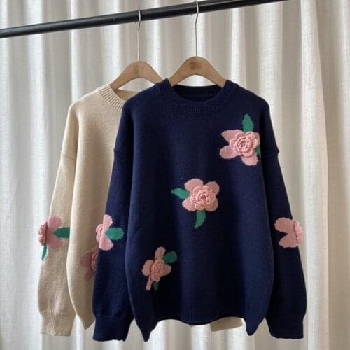Winter Floral Sweater Thicken Warm Women Knitwear Tops Embroidery Chic Knit Pullover All-match Sweaters Jumpers Female 2021