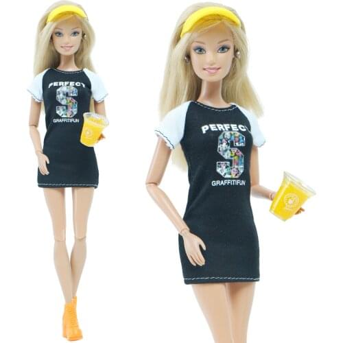 4 Pcs/Set Fashion Doll Accessories Graffiti Pattern Dress Sport Cap Shoes Boots Mini Drink Clothes for Barbie Doll Kids Gift Toy