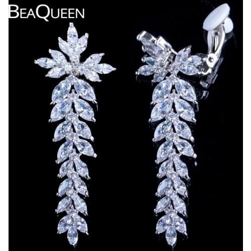 BeaQueen Japanese Long Leaf Shape Wedding No Pierced Clip On Earrings Cubic Zircon Clips No Hole Ear Jewelry for Women E200