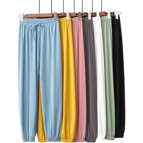 2021 Summer Women Fashion Solid Sportwear Elastic Waist Ice Silk Pants Casual Thin Soft Comfort Ankle-Length Long Trousers