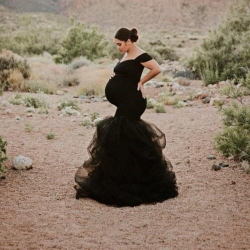 Black Pregnant woman Dress Mermaid Plus Size Tulle Ruffles Pregnant Photo Shoot Dresses Buyer Shows Party Gown
