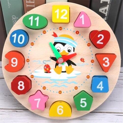 Kids Early Educational Wooden Clock Puzzle Cartoon Animal Shape Tangram Cognitive Digital Clock Assembly