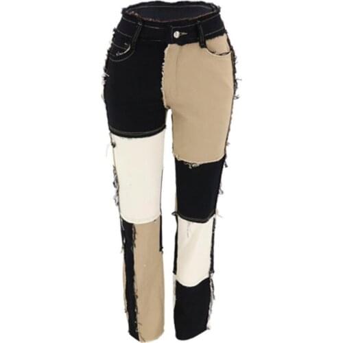 Patchwork Jeans Women Color Block High Waist Straight Leg Jeans Vintage Casual Denim Pants Harajuku Streetwear Trousers Spodnie