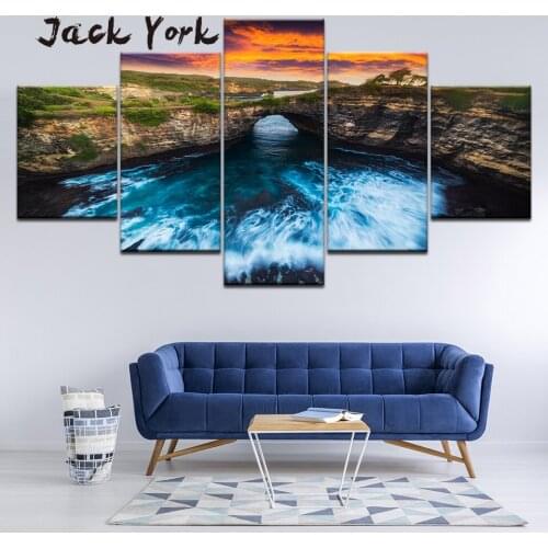 Canvas Painting landscape Rapid river under bridge 5 Pieces Wall Art Painting Modular Wallpapers Poster Print Home Decor