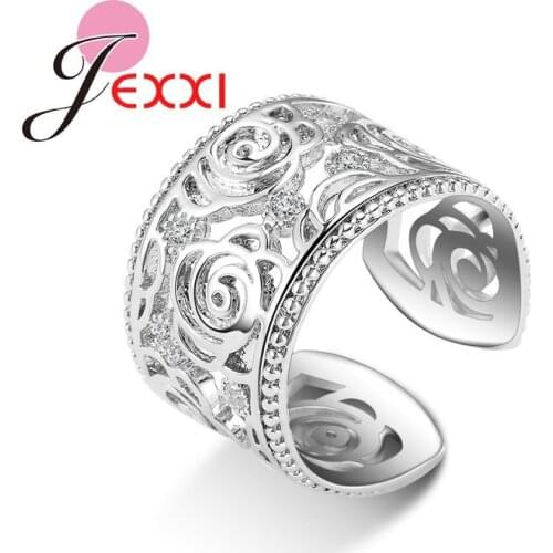 Fashion Silver Jewelry Wedding Engagement Party Rings Vintage Style Wide Band Hollow Floral Design Women Open Rings