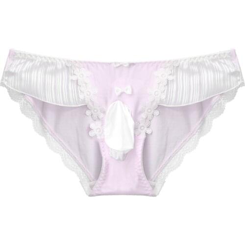 Sissy Male Gay Underwear Flower Embroidery Lace Briefs Low Waist Lingerie Underwear Sexy Bulge Pouch Elastic Waistband Underpant