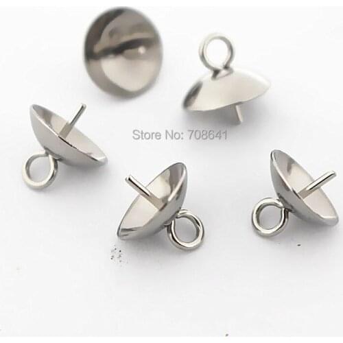 Stainless Steel Imitation Pearl Pendant Connector Bail Cup Caps with Pin 3mm 4mm 5mm 6mm 8mm Round Dull Silver Color Wholesale
