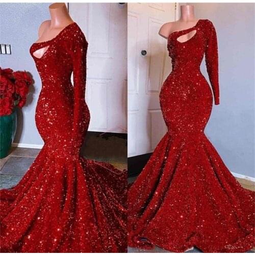 Luxury Red Prom Dresses One Shoulder Long Sleeves Sexy Hollow Mermaid Evening Dress Sweep Train Celebrity Party Gown