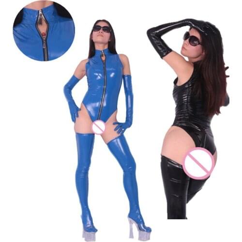 Sexy Women Two Way Zipper Open Crotch PVC Shiny High Cut Bodysuit High Neck Halte Catsuit Club Dance Wear Sexy Lingerie F90