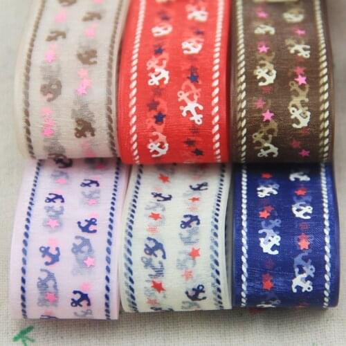Pretty (1 Meter/lot) 25mm Organza Silk Ribbon Printed Sea Anchor Series Gift Wrap Ribbon Wedding Party DIY Handmade Decor Ribbon