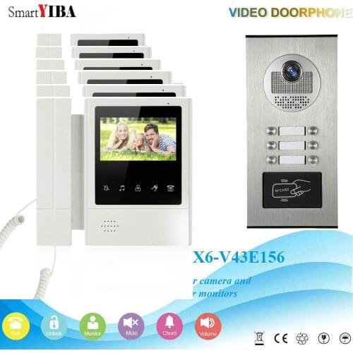 SmartYIBA 6 Units 4.3'' Color Apartment Video Door Phone Intercom Camera Video Door Intercom Kit With RFID Access Camera