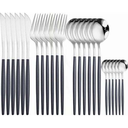 Western Cutlery Set 24 Pieces Stainless Steel Tableware Black Silver Dinnerware Set Spoon Fork Knife Kitchen Dinner Set Complete