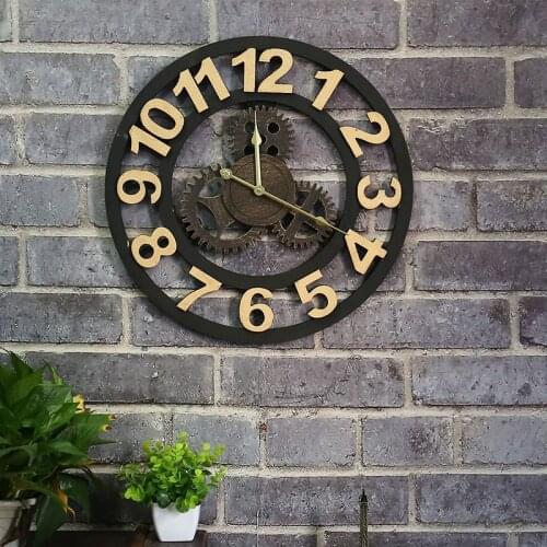 American vintage old gear clock wood creative clock living room bar industrial wind clock hanging wall clock