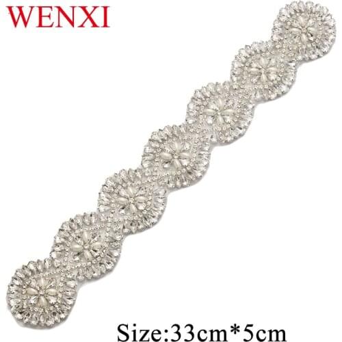 WENXI 5PCS Hand Beaded Bride Gown Sash Crystal Rhinestone Applique Patch Iron On For Dresses Headband DIY head band WX878