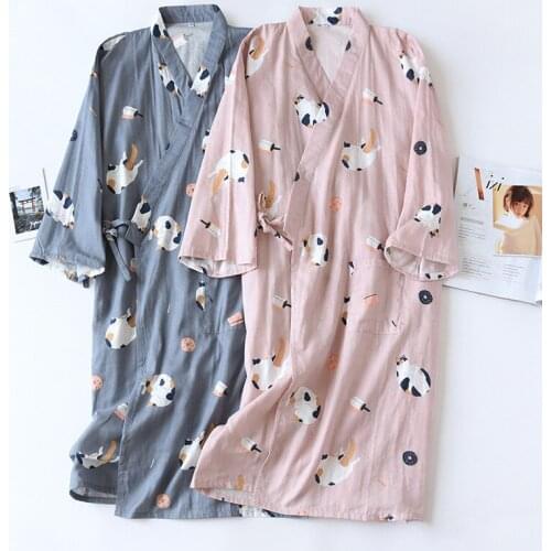 Japanese Couple Pure Cotton Nightgown Men and Women Summer Gauze Cat Kimono Spring and Autumn Thin Japanese Bathrobe Nightgown