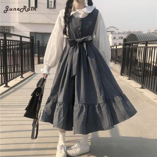 JuneRain Japanese Sweet Lolita Dress Women Bowknot Bandage High Waist Straps Dress Girl Student Princess Tea Party Loli Dresses