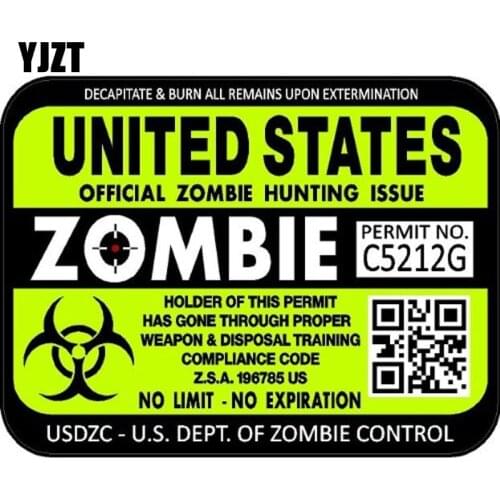 YJZT 15.5x11.8cm ZOMBIE Series "United States" Hunting License Permit Retro-reflective Decal Car Sticker C1-8058