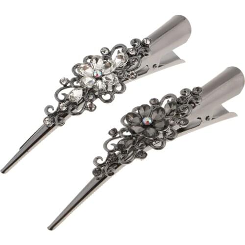 2PCS Elegant Crystal Rhinestone Flower Large Alligator Long Duck Bill Hair Clips Hairpin Hair Jewelry Accessories for Women