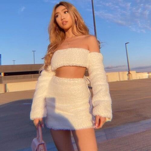 Fashion Women Fluffy Clothing Set White Breast Wrap Crop Top + Long Sleeve + Mini Bodycon Skirts Warm Autumn Clothing Set