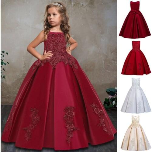 5-14 Years Noble Princess Sleeveless Satin Dress Girls Wedding Dress Kids Party Dress Birthday Flower Dress