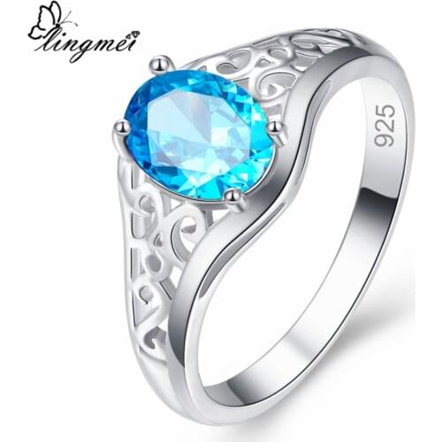 Lingmei Solitaire Pretty Fashion Oval Cut Blue & Sea blue Cubic Zircon Silver Color Ring Size 6 7 8 9 Gorgeous Women Gifts