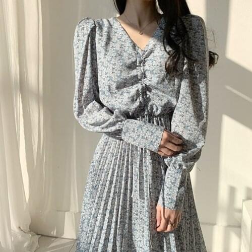 Flectit Women Ditsy Floral Dress Long Sleeve Drawstring V Neck Pleated Midi Feminine Dress Romantic Spring Holiday Outfit