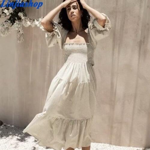 Fashion Women Elegant Party Dress Vintage Solid Sexy Square Neck Long Sleeve Sashes A-line Midi Dress Summer Robe Femme