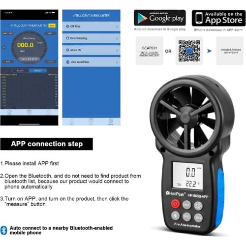HoldPeak HP-866B-APP 0.3~30m/s Digital Anemometer With Mobile APP Wind Speed Meter Measures Temperature Wind Chill Backlight
