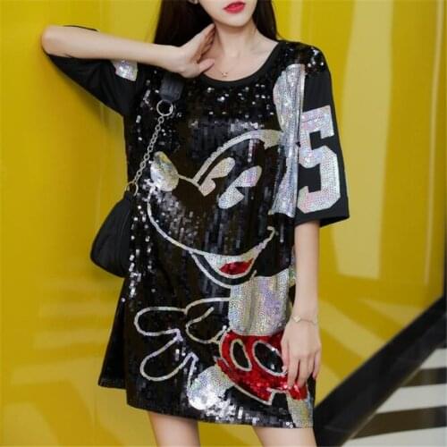 Disney Cartoon T-shirt Dress Mickey Minnie Mouse Sequined Women Tops Loose Summer Casual Female Oversize Tee Shirt Women Clothes