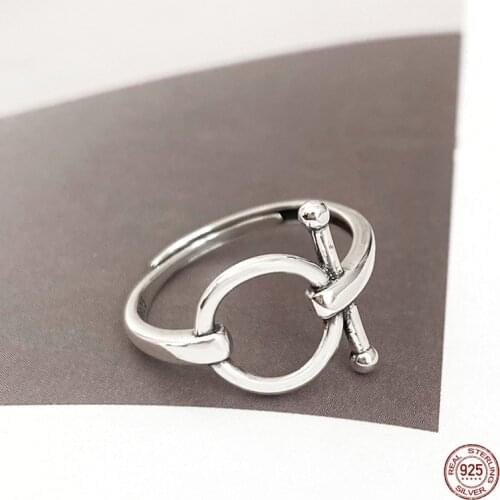 LKO Simplicity Geometry Circular 925 Sterling Silver Ring Vintage Punk Rings for Women Men Party Jewelry Ornaments Adjustable