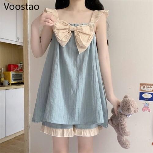 Sweet Kawaii Pijama Mujer Girls Sleepwear Homewear Summer Women Pajama Set Harajuku Bow Straps Tops Shorts Pyjamas Loungewear