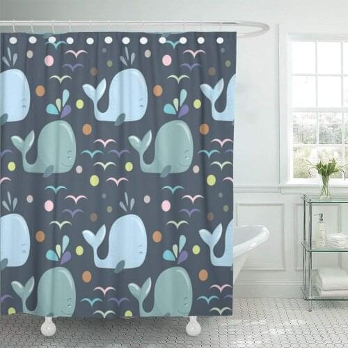 Sea Cute Baby Pattern Blue Whales on Dark Grey Shower Curtain Waterproof Polyester Fabric 72 x 72 Inches with Hooks