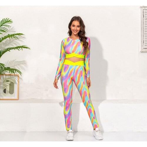 2020 New Women’s Two Piece Sport Clothes Fashion Colorful Tie-dye Long Sleeve Pullover T-shirt and Elastic High Waist Trousers