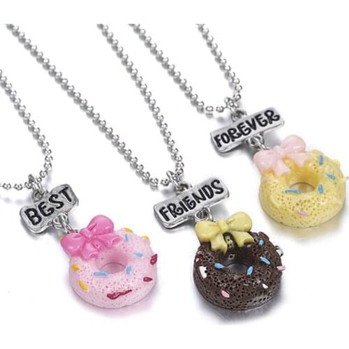New Set of 3pcs Multicolor Ice-cream Bow Doughnut Pendant Necklace Best Friends BFF Bead Chain Necklace jewelry lead nickel free