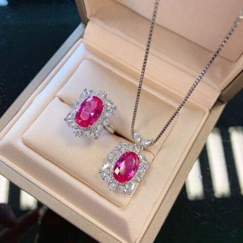 Sets Oval Cut Ruby Simulated Moissanite 100% Sterling Silver 925 Jewelry Gemstone Necklace Ring Set Bridal Wedding Gift