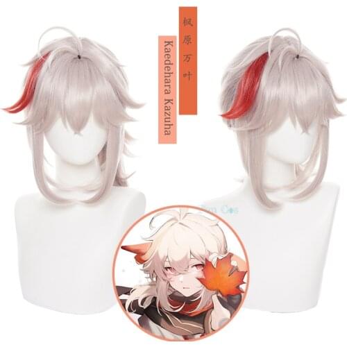 Game Genshin Impact Kaedehara Kazuha Wig Anime Short White Wig Heat Resistant Fiber Hair + Free Wig Cap Halloween Party Adults