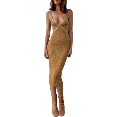 Womens Sexy Suspender Mid-length Dress Sleeveless V-neck Summer Fashion Solid Color Hollow Knitted Skinny Dresses