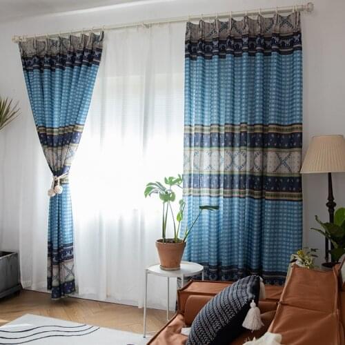 Japanese Style Curtains for Living Dining Bedroom Retro Broken Cotton Linen Bohemian Blue Ethnic Style Semi-blackout Curtains