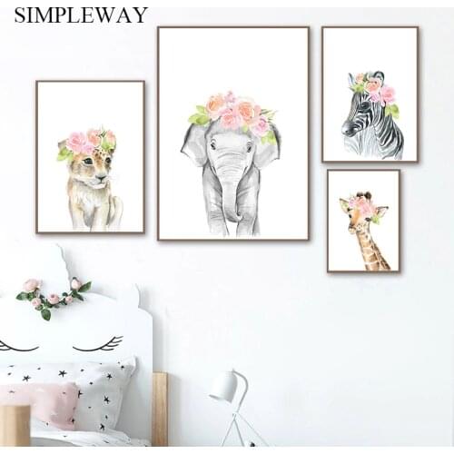 Safari Floral Animal Elephant Lion Child Poster Canvas Art Nursery Print Wall Painting Picture Nordic Kid Bedroom Decoration