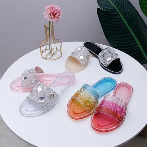 Summer Women Rhinestone Slippers Female Glass Color Flat Bottom Slides Ladies Casual Shiny Soft Anti-slip Outdoor Beach Shoes