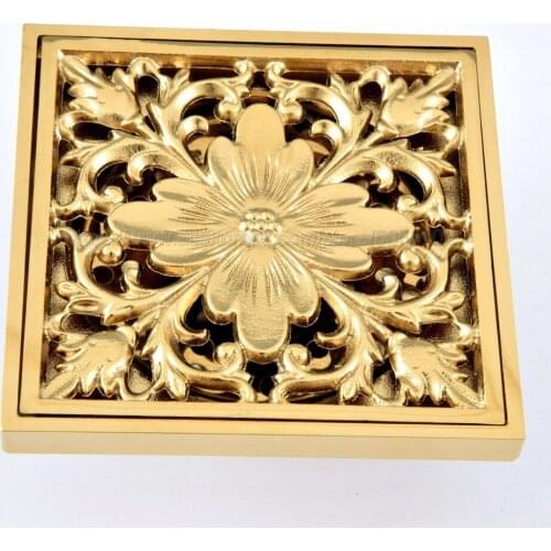 Shower Drains 10*10cm Square Bath Drains Strainer Hair Golden Brass Art Carved Bathroom Floor Drain Waste Grate Drain zhr085