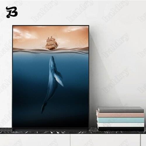 Modern Seascape Canvas Painting Wall Art Nordic Posters and Prints Whale Sailing Ship Wall Pictures for Living Room Decoration
