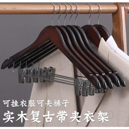 10pcs/lot 44.5cm Antique Wooden Clothes Hanger with Clips for Pants Wood Hangers Hotel Garment Shop （30pcs or more can logo)