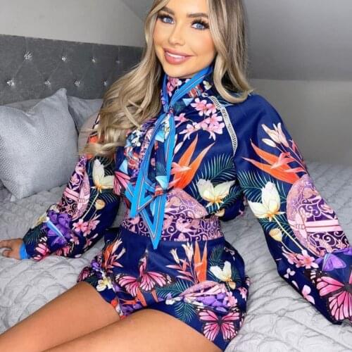 FABPOP 2021 Spring New Arrivals Two Piece Set Women Suit Print Long Sleeve Bow Blouse Tops High Waist Shorts Outfits GA162