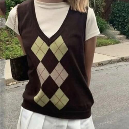 Foridol vintage argyle sweater vest women sleeveless brown knitted sweater pullovers casual streetstyle short sweater vest 2020