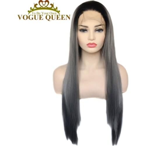 Vogue Queen Two Tone Ombre Black Grey Long Straight Synthetic Lace Front Wig Natural Hairline For Women