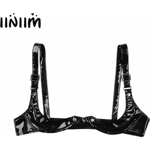Womens Clubwear Sexy Exotic Tanks Open Bras Spaghetti Straps Bra Lingerie Fetish Nightwear Wetlook Faux Leather Open Cup Bra Top