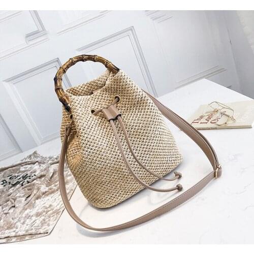 Women Drawstring Straw Bucket Bag Female Summer Handmade Woven Shoulder Messenger Bags Ladies Shopping Purse Beach Bags Handbags