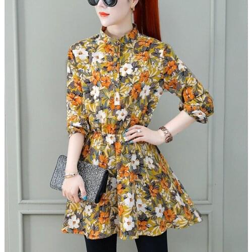 Women Spring Autumn Style Chiffon Long Blouses Shirts Lady Casual Long Sleeve Stand Collar Printed Blusas Tops ZZ0313