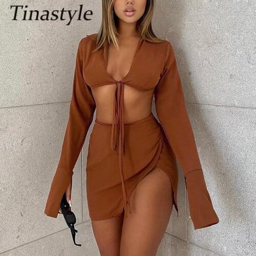 Tinastyle Flare Sleeve Crop Top and Mini Skirt Women Two Piece Set Solid Autumn Sexy Dress Clubwear Party Outfits Vestidos